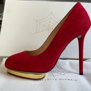 Charlotte Olympia Red Suede Dotty Platform Pumps